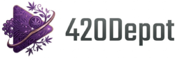 420Depot logo featuring a purple geometric diamond shape with cannabis leaf and orbital ring design
